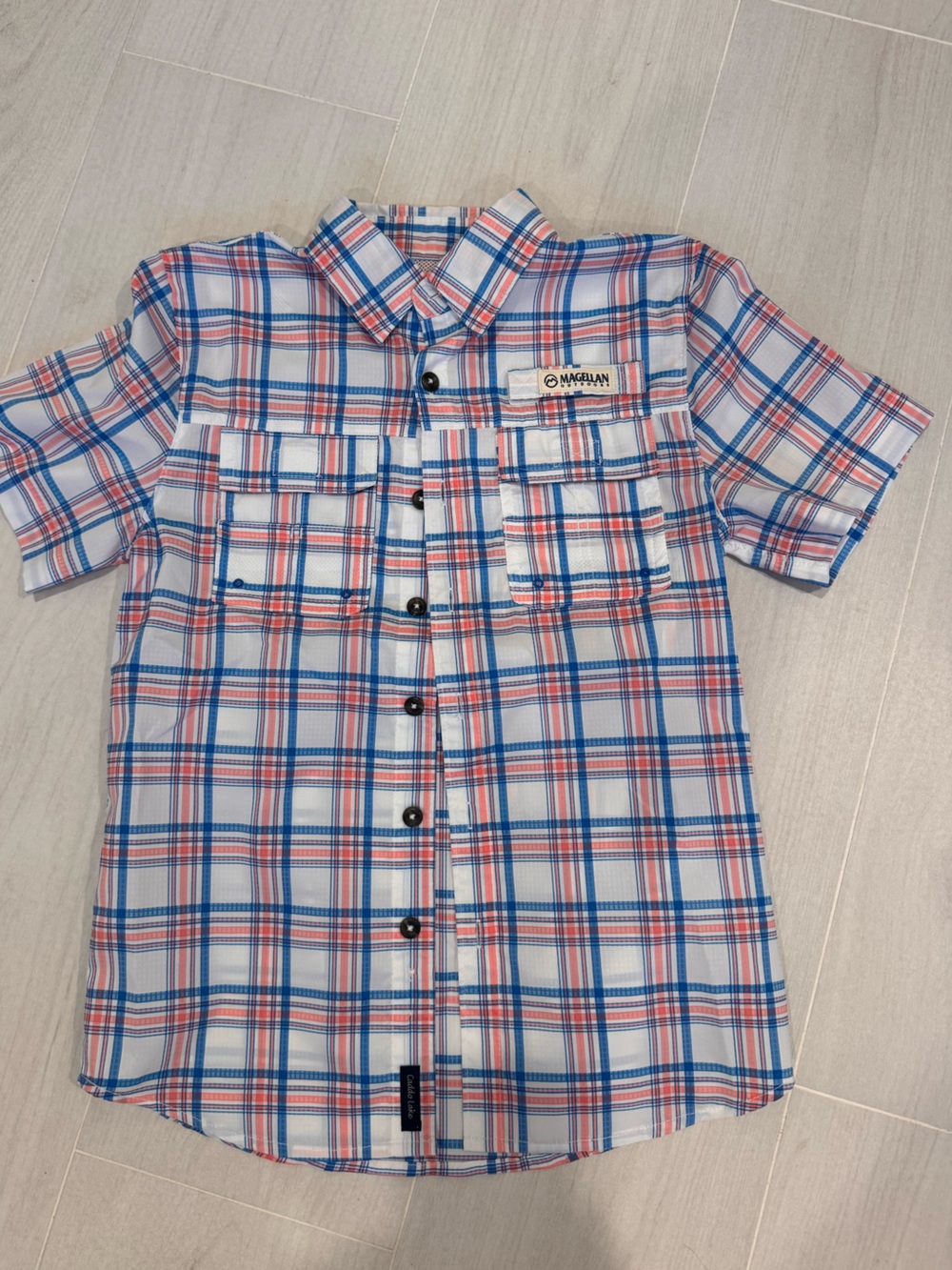 Magellan Outdoors Short Sleeve Plaid Button-Down Shirt in White, Blue & Red